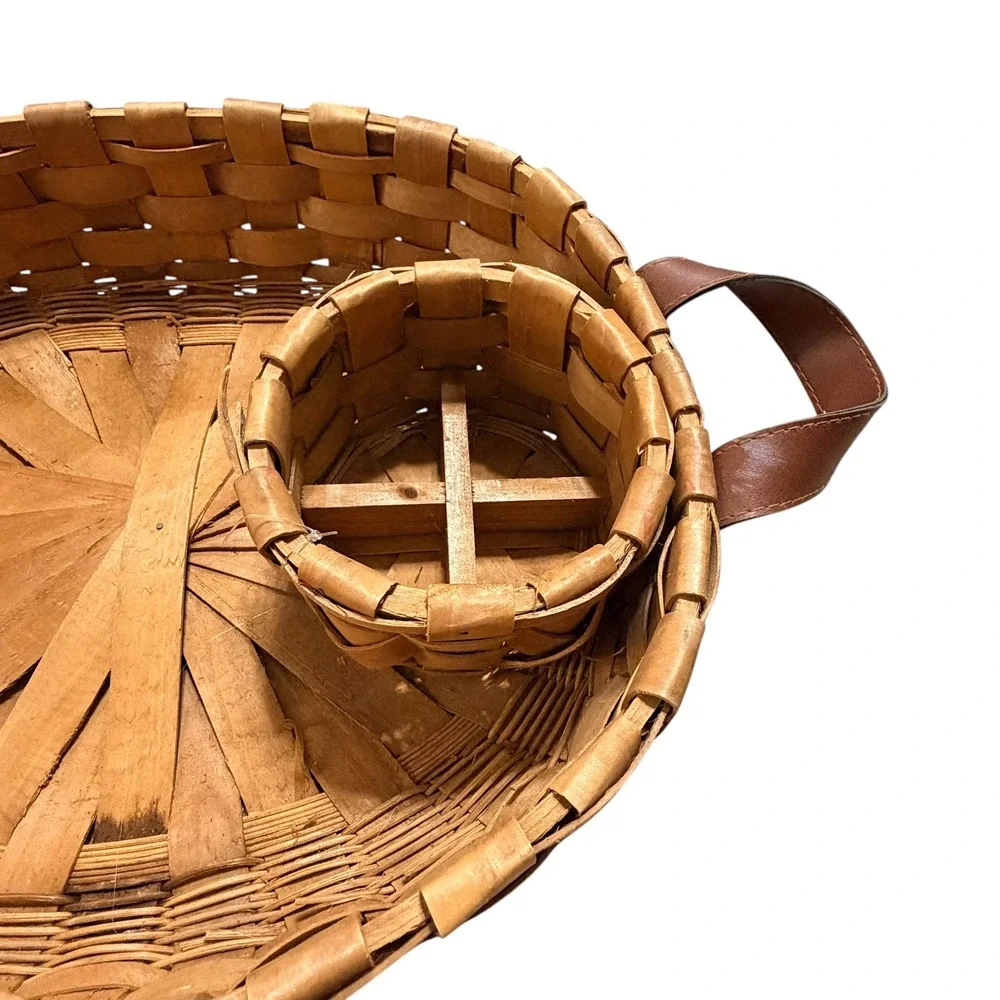 Handcrafted Woven Wood Chip and Dip Basket Oval Serving Tray Leather Handles